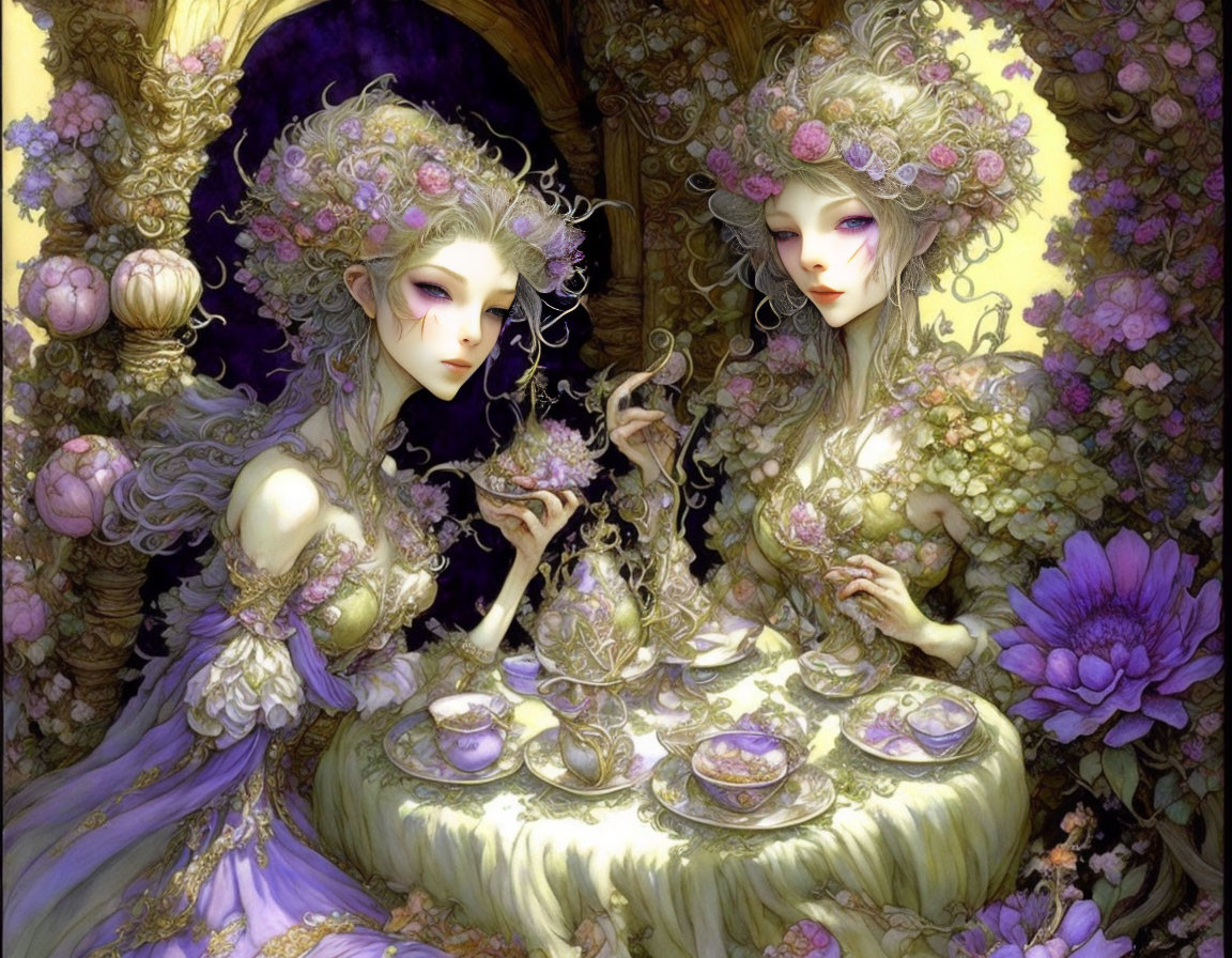 Fantasy Art: Elfin Figures with Floral Headdresses Sharing Tea in Whimsical Setting