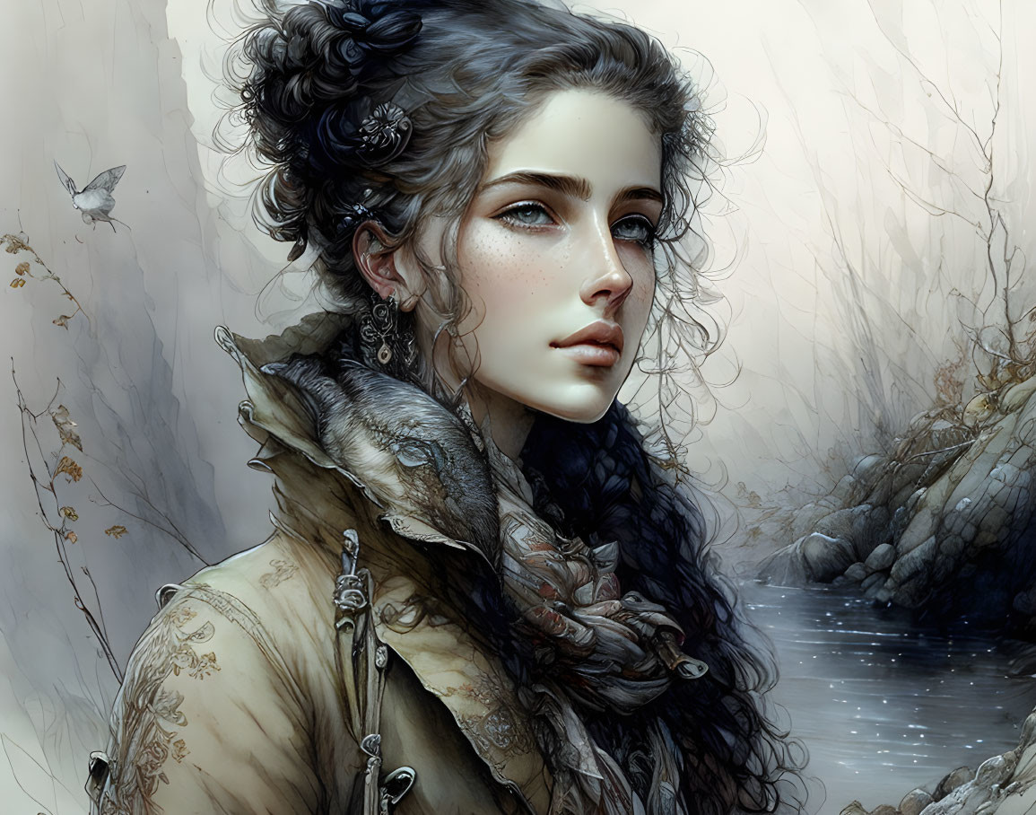 Intricate braided hair and blue-eyed woman in serene landscape