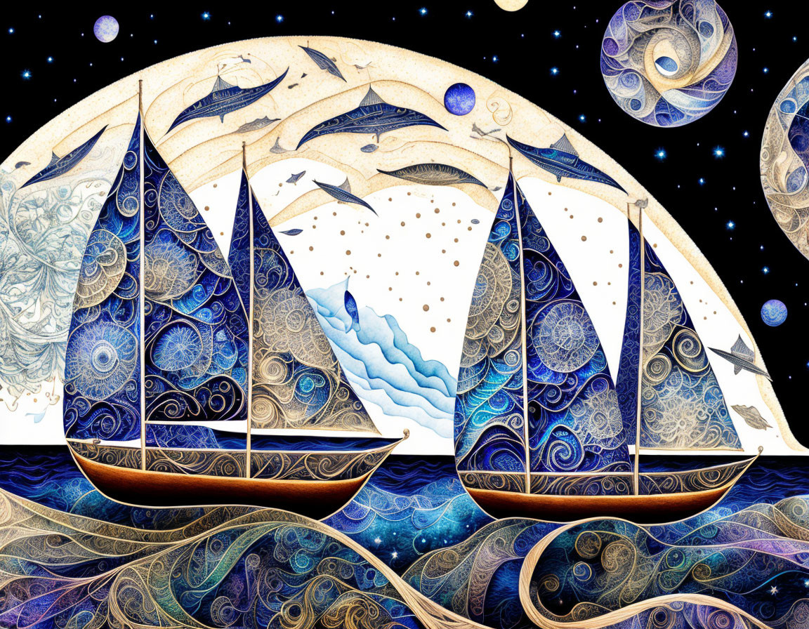 Stylized sailboats on cosmic sea with starry sky and fish swimming.