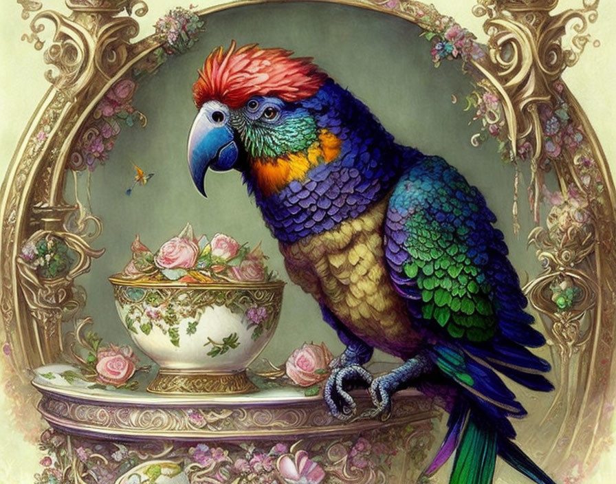 Colorful Parrot Illustration with Rainbow Palette and Ornate Oval Border