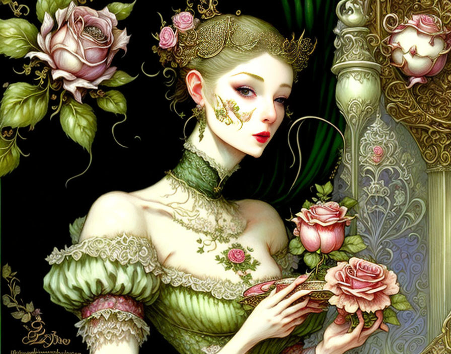 Fantasy-style illustration of an elegant woman in green dress with floral designs