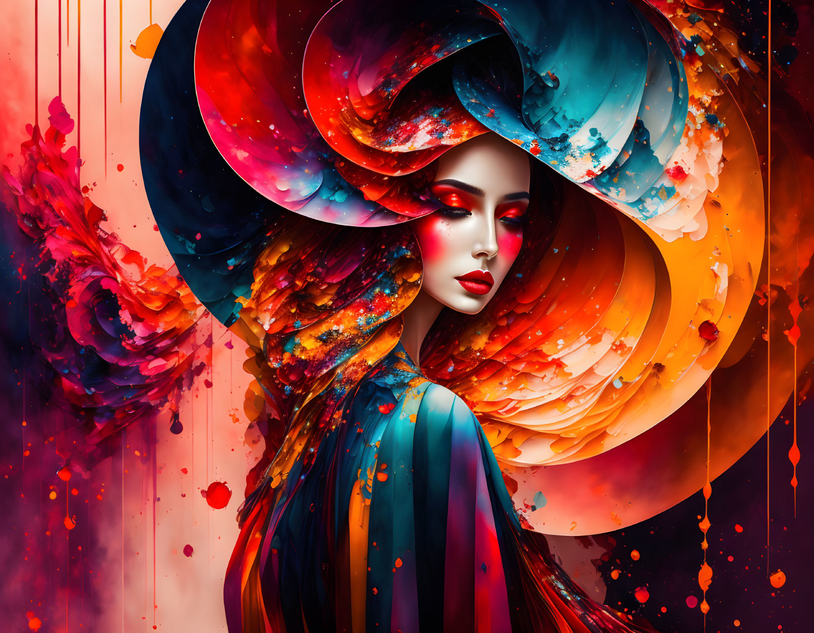 Colorful Abstract Digital Artwork of Woman with Flowing Shapes