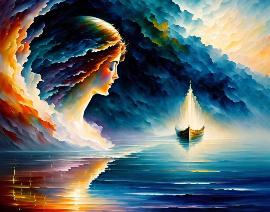 Colorful painting of woman's profile in fiery sky above serene sea