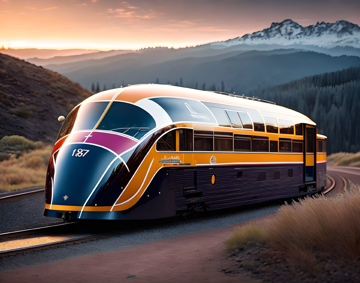 Modern black, gold, and blue train on track at sunset with mountains