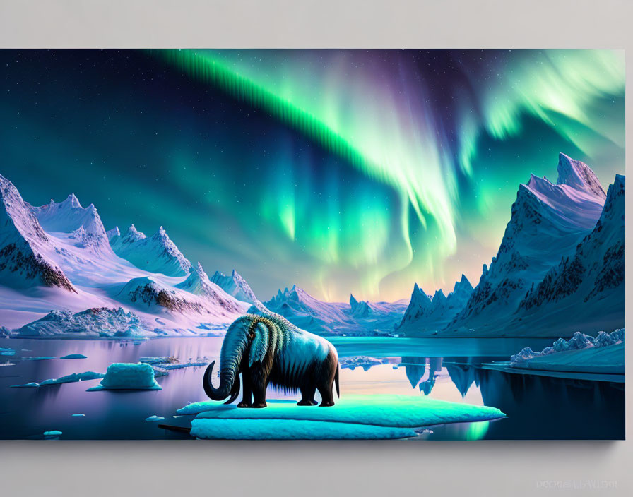 Elephant on Ice Floe with Aurora Borealis & Snowy Mountains