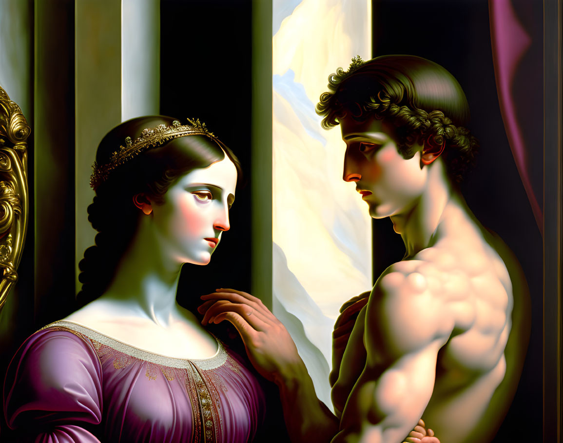 Woman in purple dress and tiara gazes at a muscular man in classical setting with dramatic lighting.