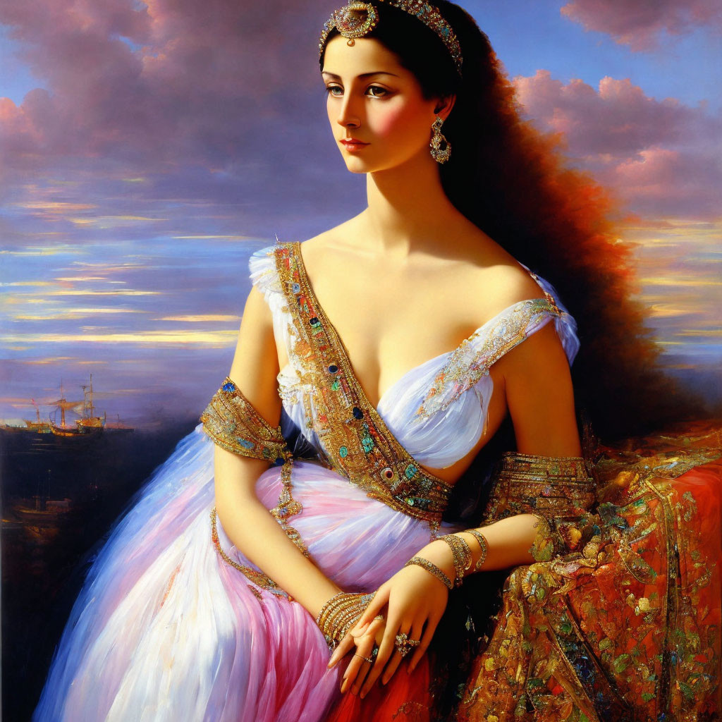 Elegant woman in luxurious gown gazing thoughtfully