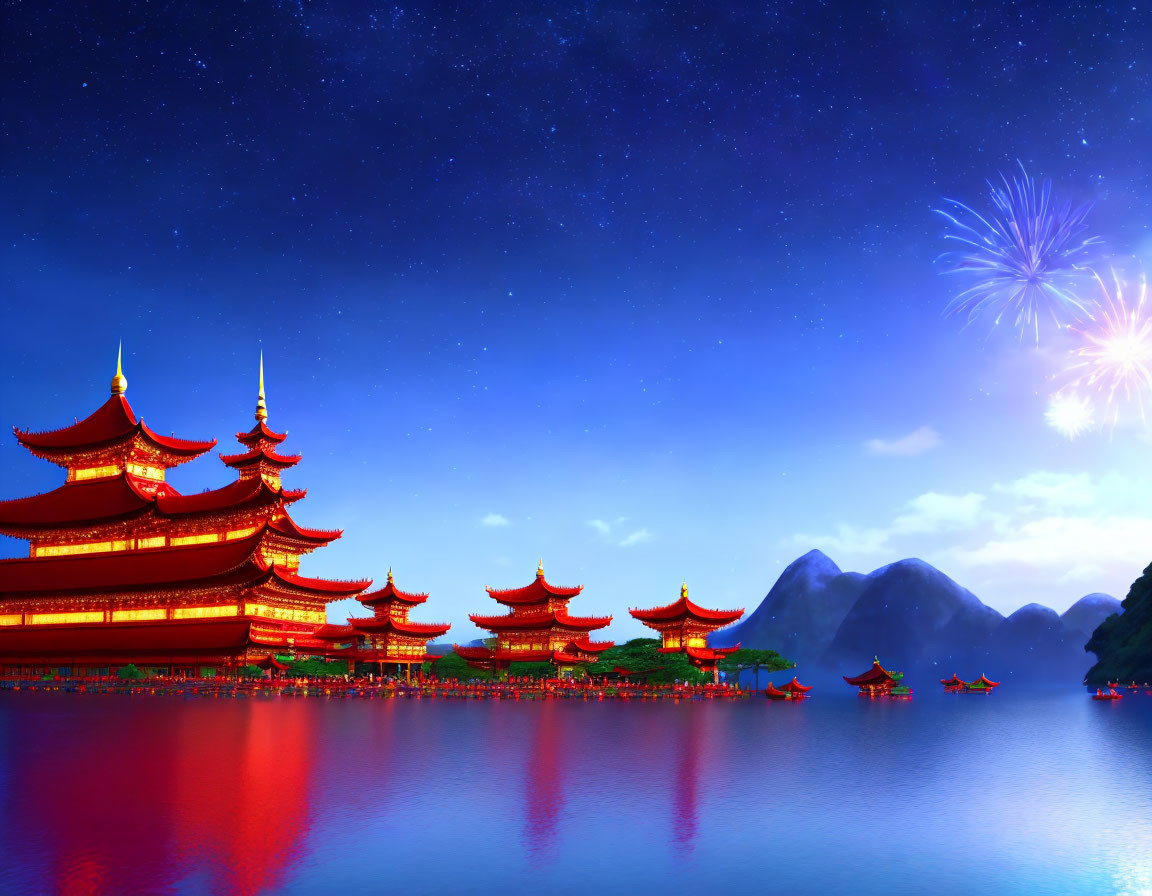 Traditional Asian pagodas at night by a serene lake with fireworks and stars