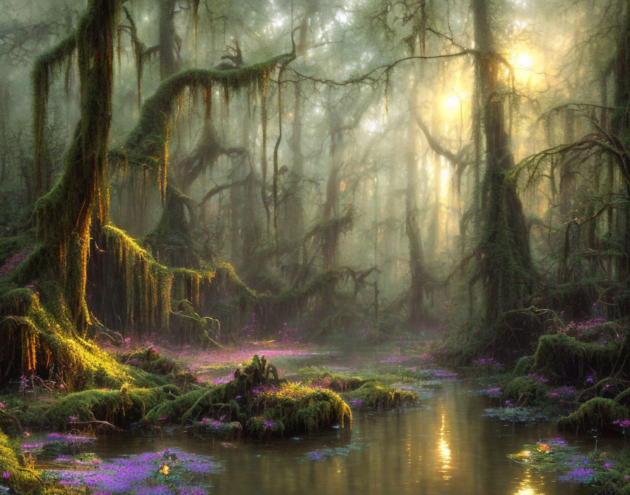 Mystical forest scene with sun rays, moss-covered trees, and tranquil stream