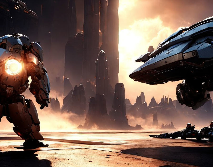 Futuristic scene with giant robot, sleek spacecraft, and dramatic sky