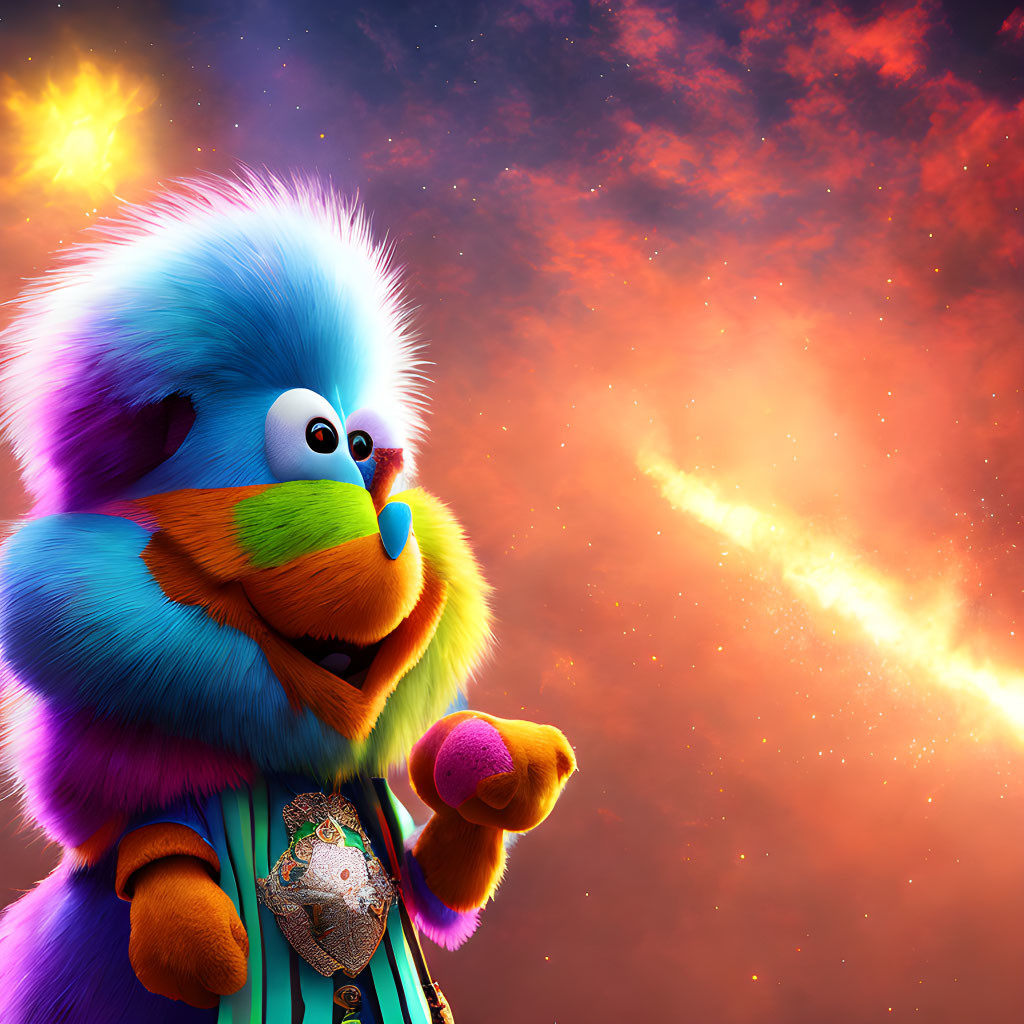 Colorful animated character with blue fur holding heart object in cosmic background