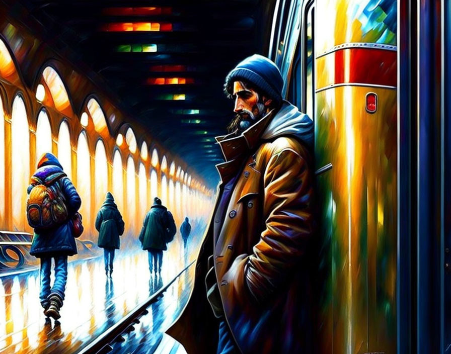 Man in coat and beanie at vibrant train station with arches