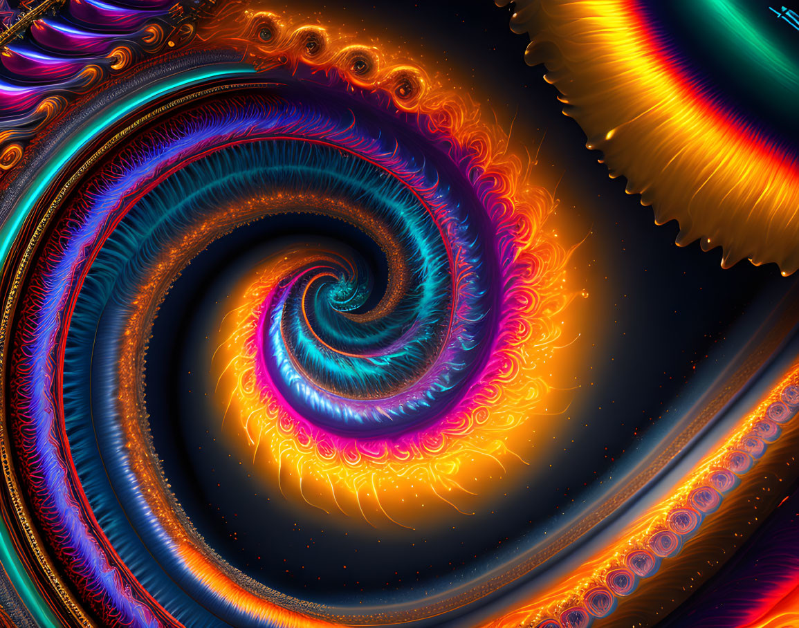 Colorful swirling vortex fractal art in blue, orange, and yellow hues