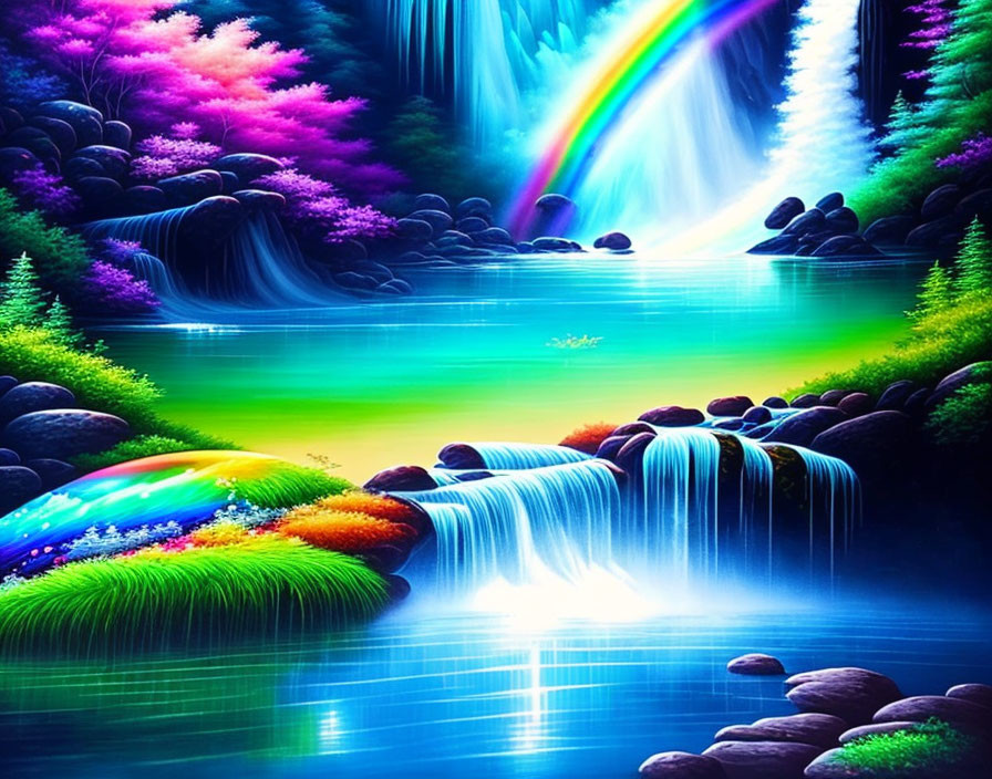 Colorful fantasy landscape with waterfall, rainbow, neon foliage, turquoise lake & radiant light