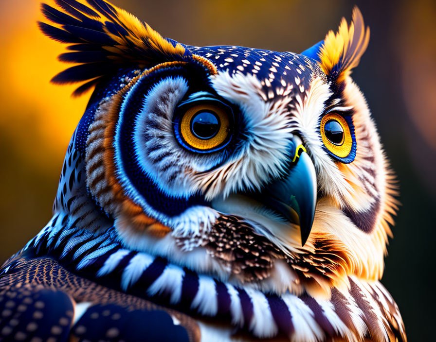 Colorful Owl with Yellow Eyes and Intricate Feathers on Blurred Background