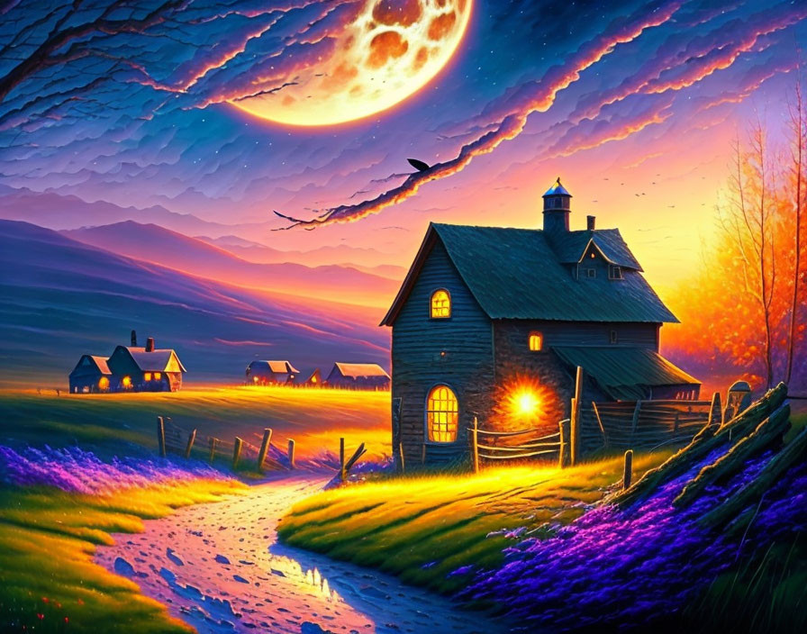 Twilight countryside painting with glowing house, stream, full moon, and bird in flight