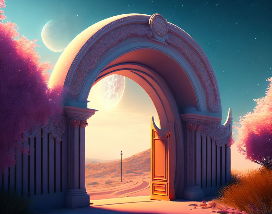 Ornate archway with open door, pink trees, moons in twilight sky