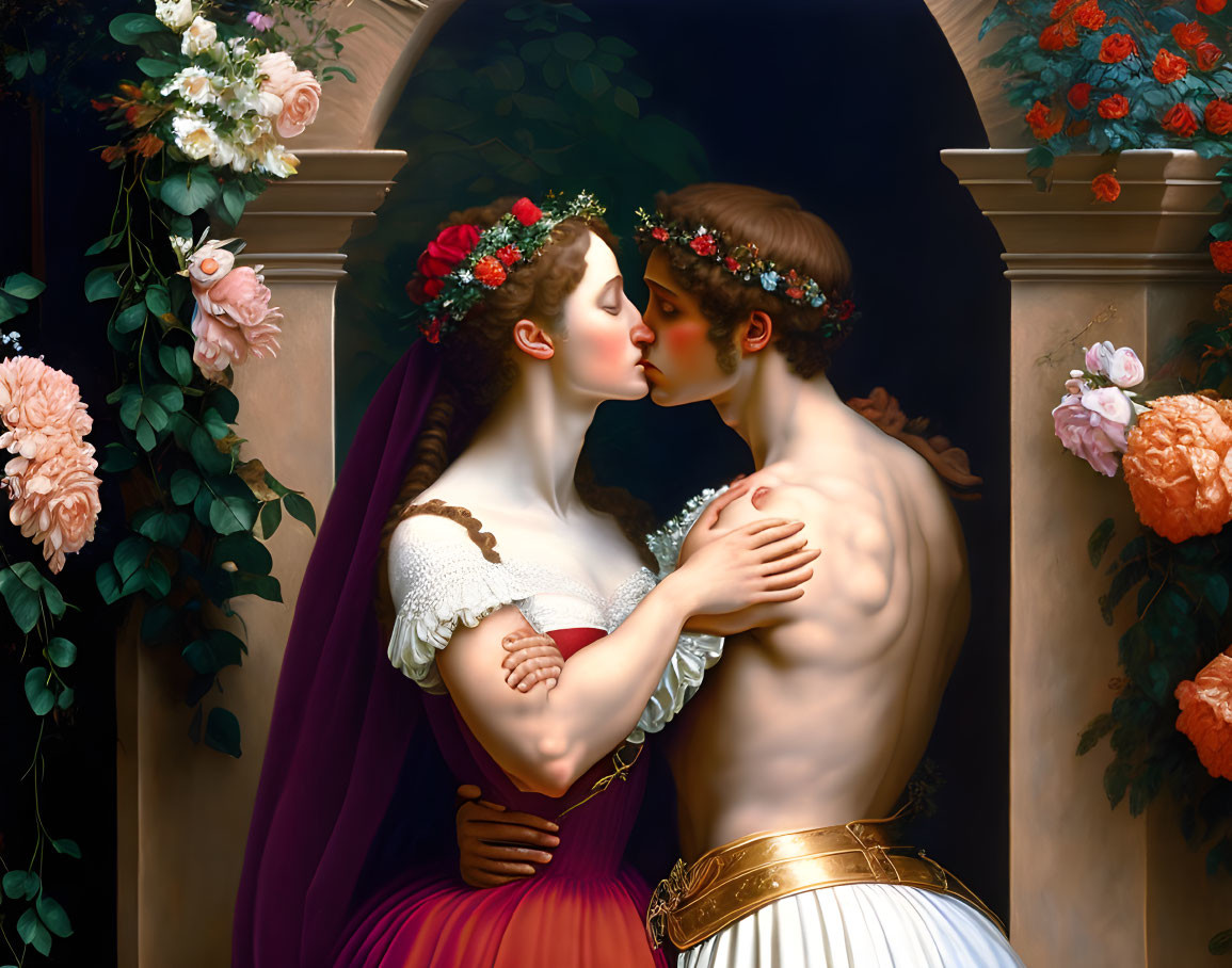 Floral Crowned Individuals Share Tender Kiss Amid Blooming Flowers