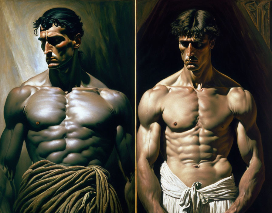 Hyperrealistic Paintings of Muscular Man in Classical Attire on Moody Background