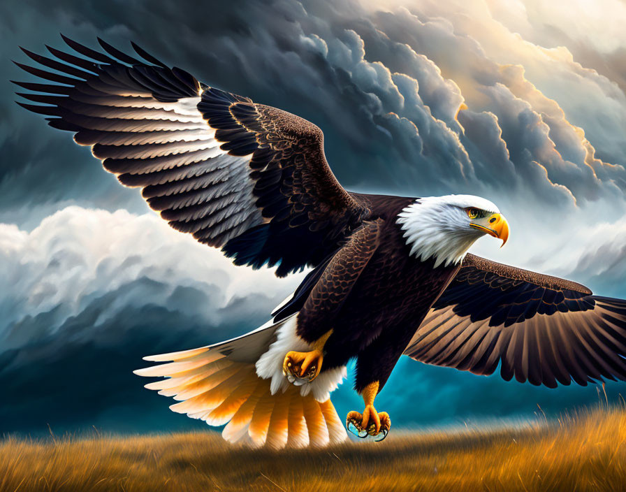 Majestic bald eagle soaring in dramatic cloudy sky