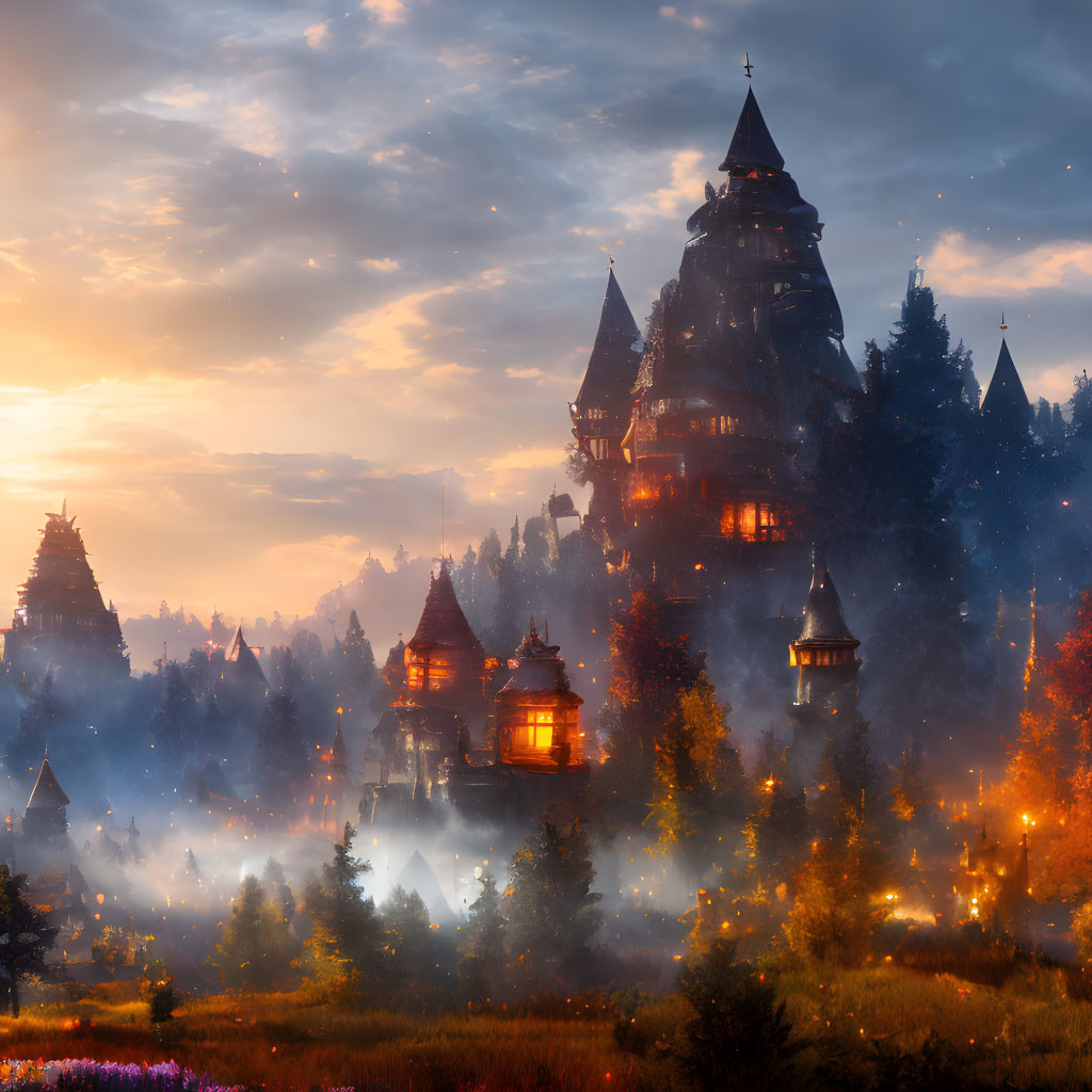 Enchanted forest with traditional houses and castle at sunrise