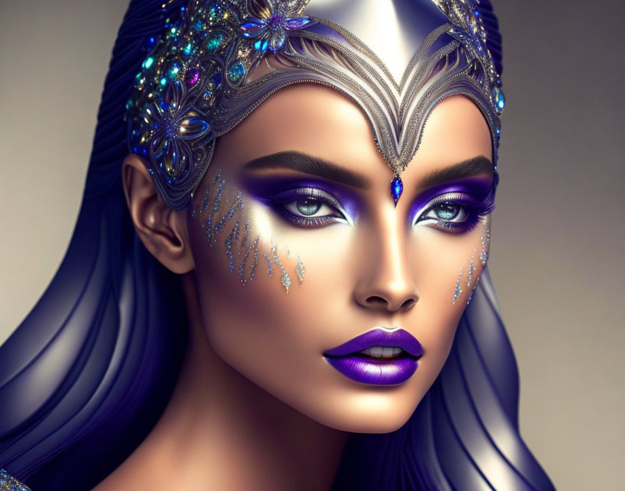 Woman with Blue and Purple Makeup and Jeweled Headpiece