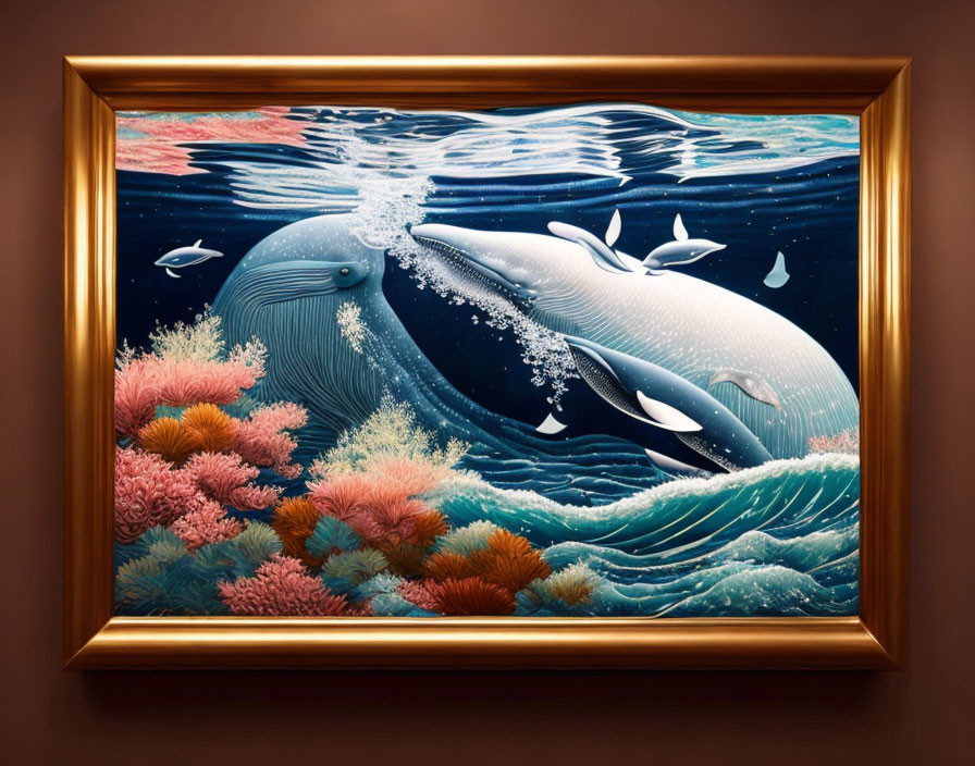 Blue whale, dolphins, vibrant coral, dynamic ocean in framed painting