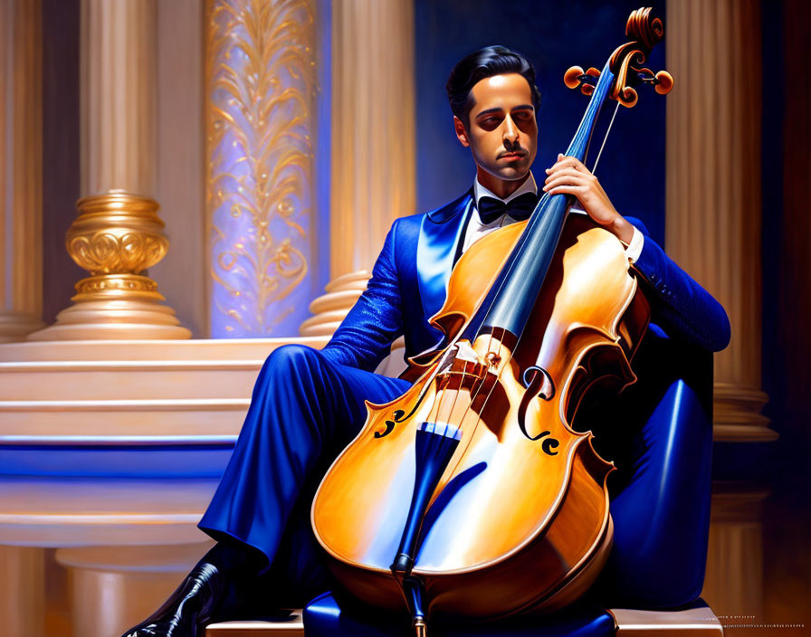 Man in elegant attire with cello in luxurious hallway