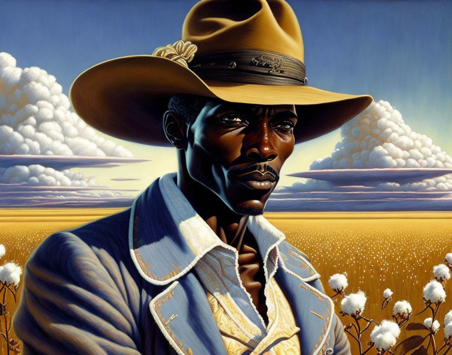 Stylized portrait of a man in a cowboy hat in golden field setting