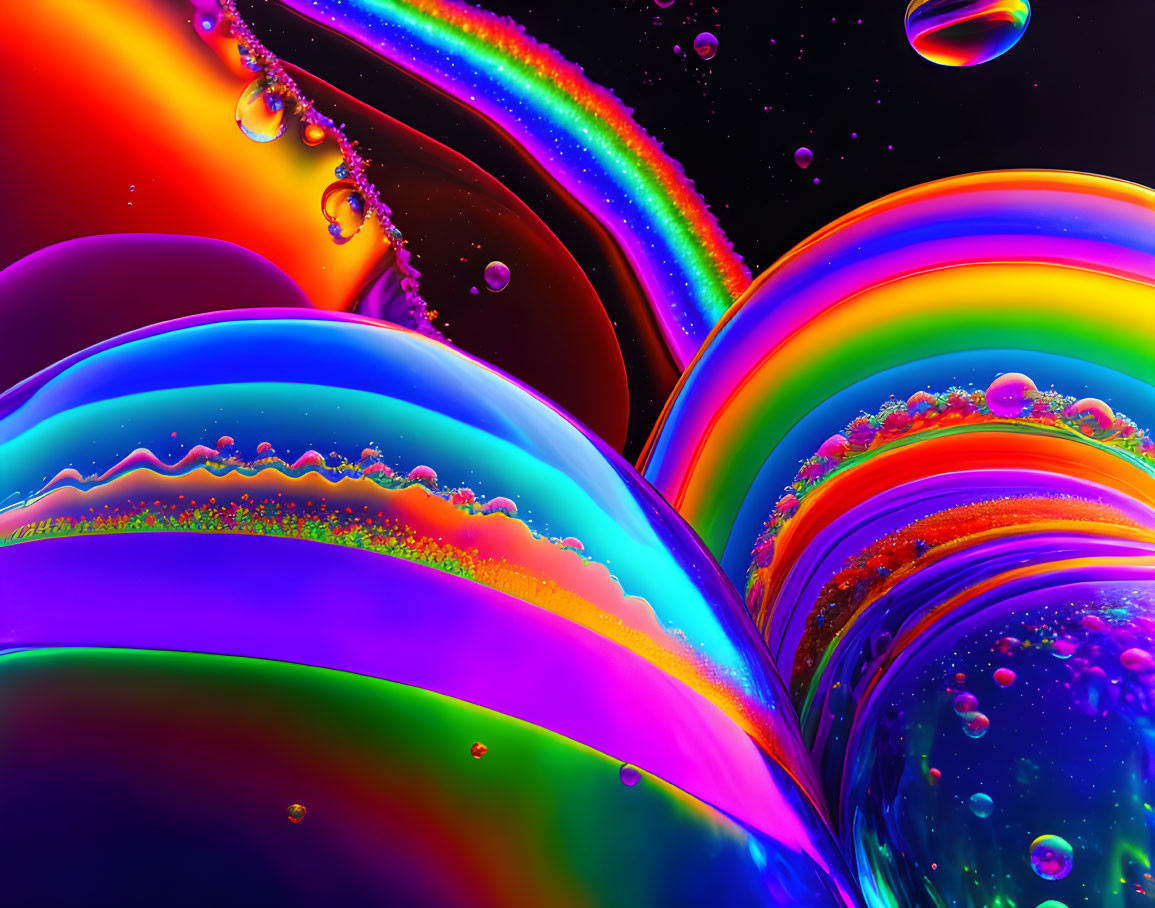 Colorful digital art: glossy bubbles, swirling rainbows, light refractions, floating orbs.