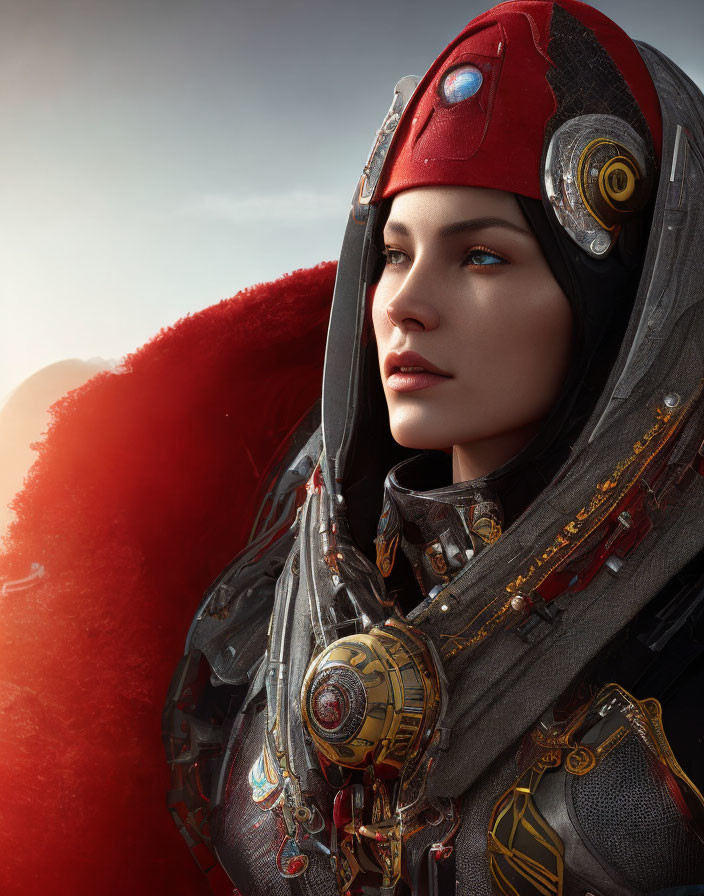 Futuristic woman in red and black armor with gold helmet and blue gem