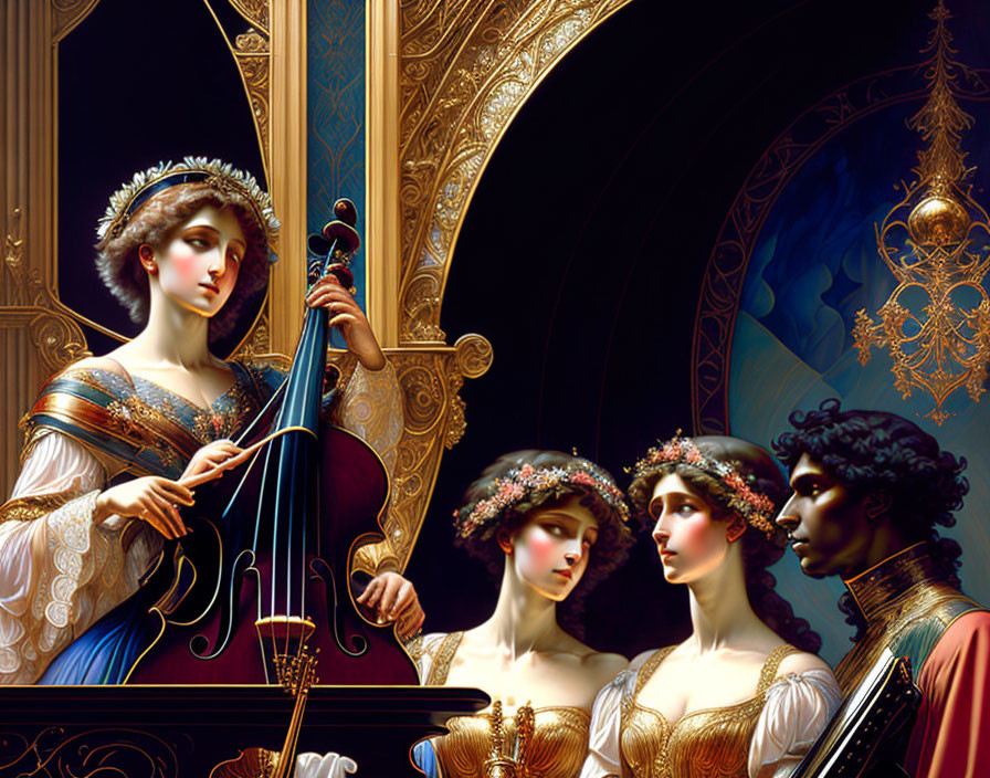 Classical quartet in elegant attire with violins, cello, and observer under golden arches