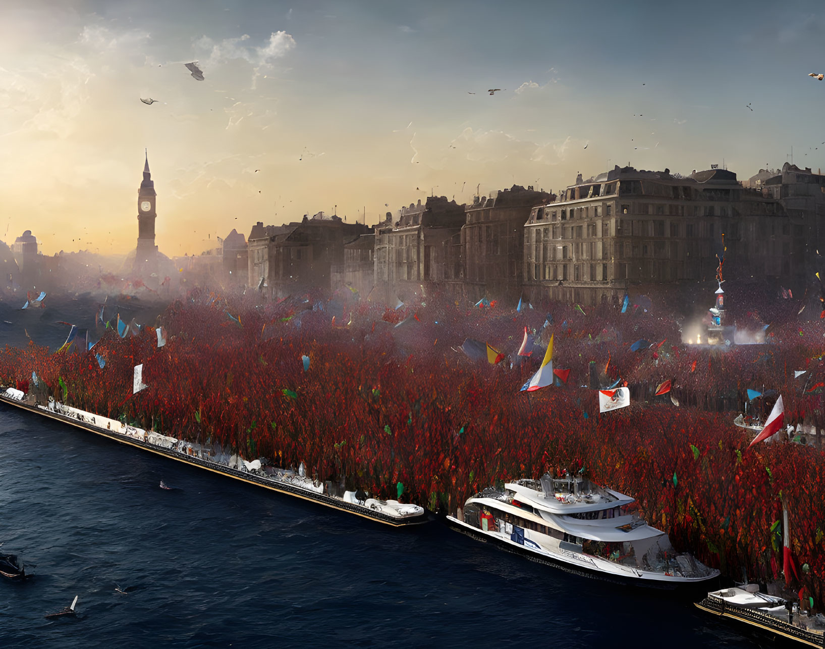 Vibrant flower-filled river with boats and cityscape under sunset sky