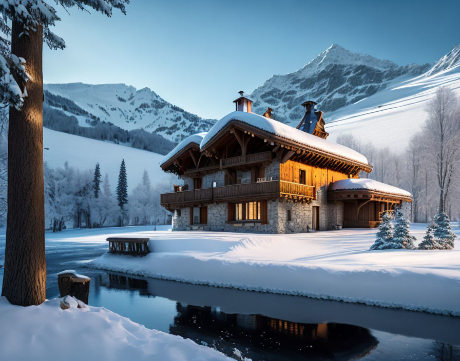 Snow-covered landscape with cozy chalet, serene mountains, and frozen lake at dusk