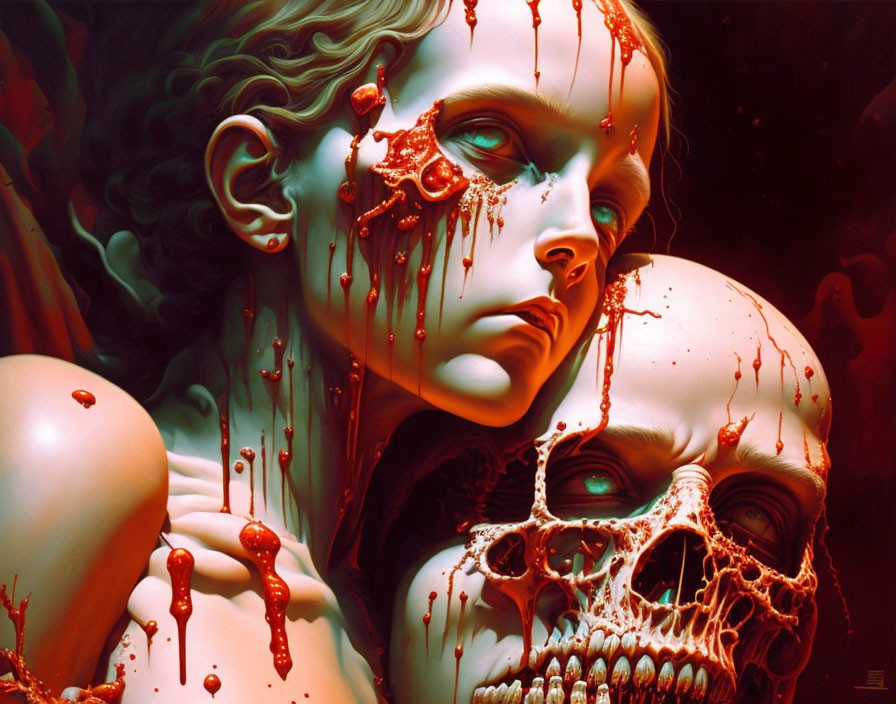 Surreal artwork of female figure and skull melting in red substance