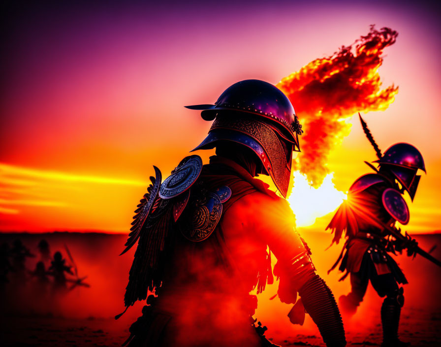 Silhouetted knights in armor against fiery sunset with one breathing fire