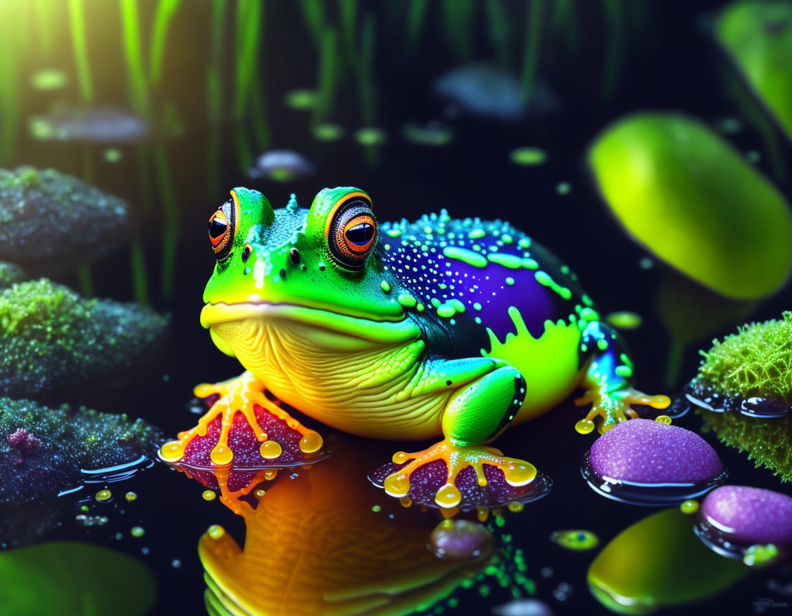 Colorful digital illustration: Green frog on leaf in water with bubbles