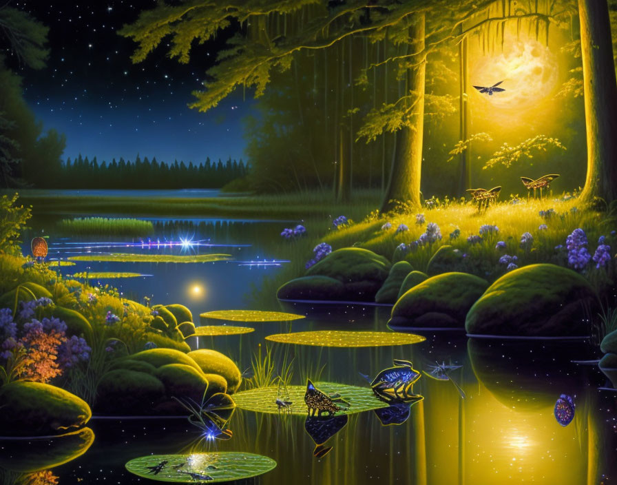 Tranquil Full Moon Night Scene with Pond and Nature Wildlife