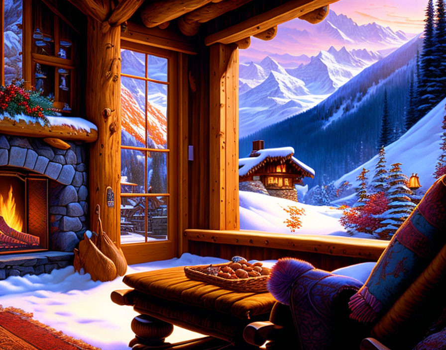 Warm Cabin Interior with Fireplace & Snowy Mountain View