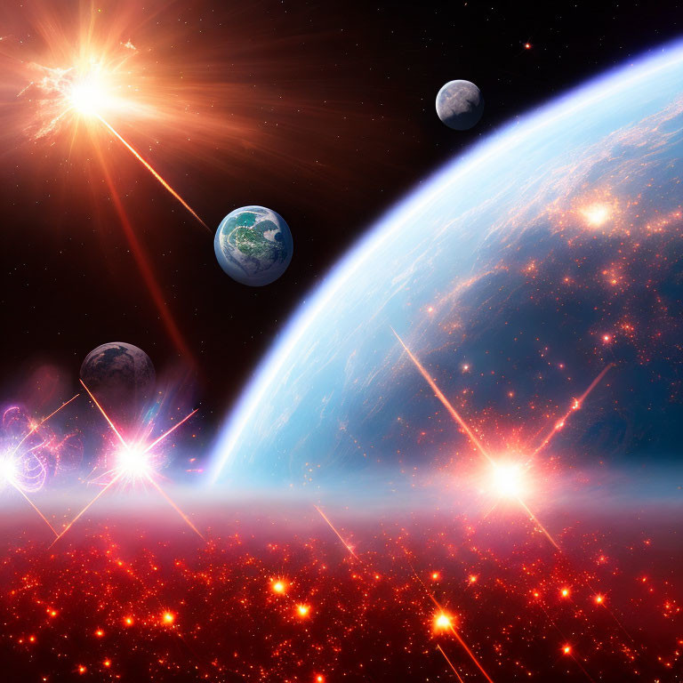 Colorful Space Scene with Earth, Planets, Moons, and Star