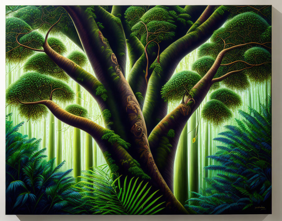 Colorful Tree Painting with Intricate Branches and Lush Greenery