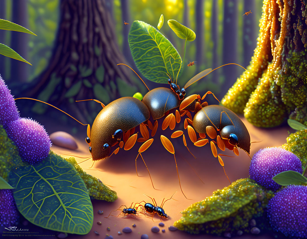 Colorful Illustration: Large ants in forest with smaller ones, lush vegetation, purple fruits