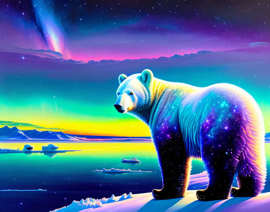 Colorful Polar Bear Illustration Under Aurora Borealis