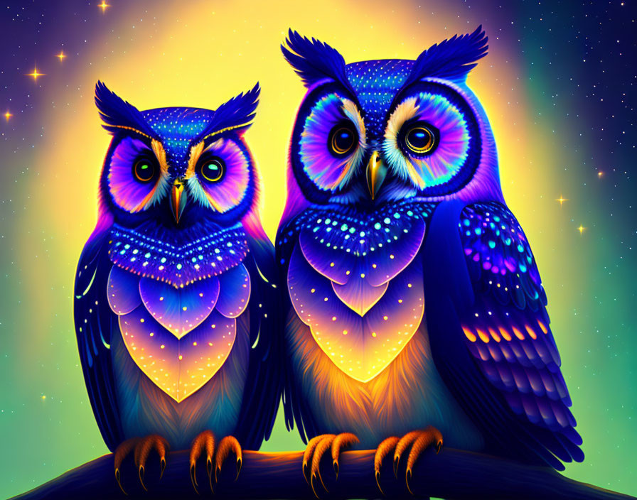 Vibrantly colored neon owls on starry night sky backdrop