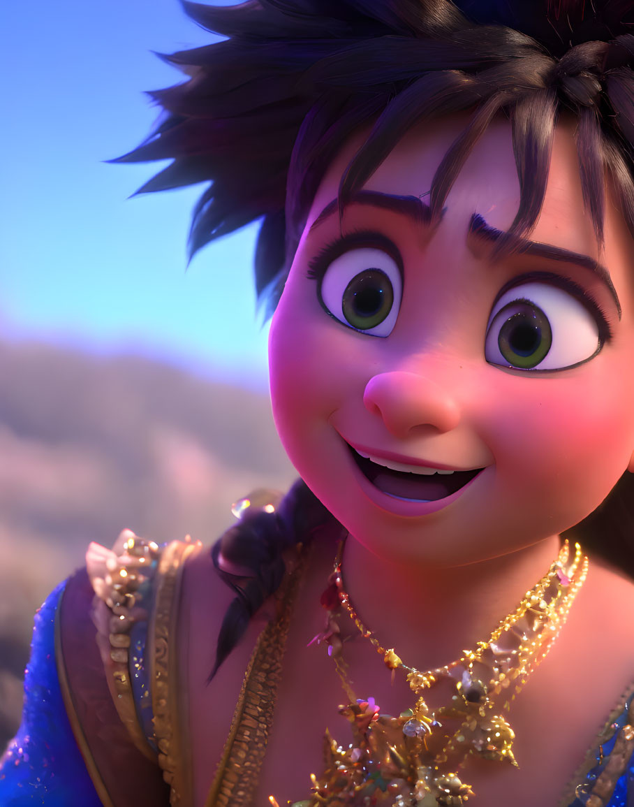 CGI-animated girl with expressive eyes, smiling, in traditional attire