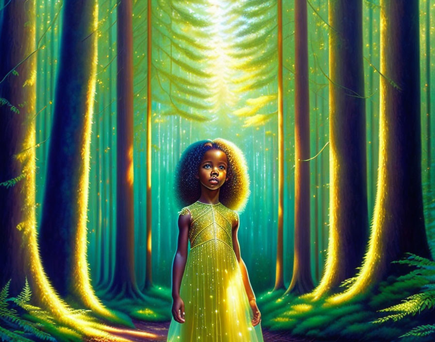 Young girl in glowing dress in enchanted forest with tall trees and rays of light