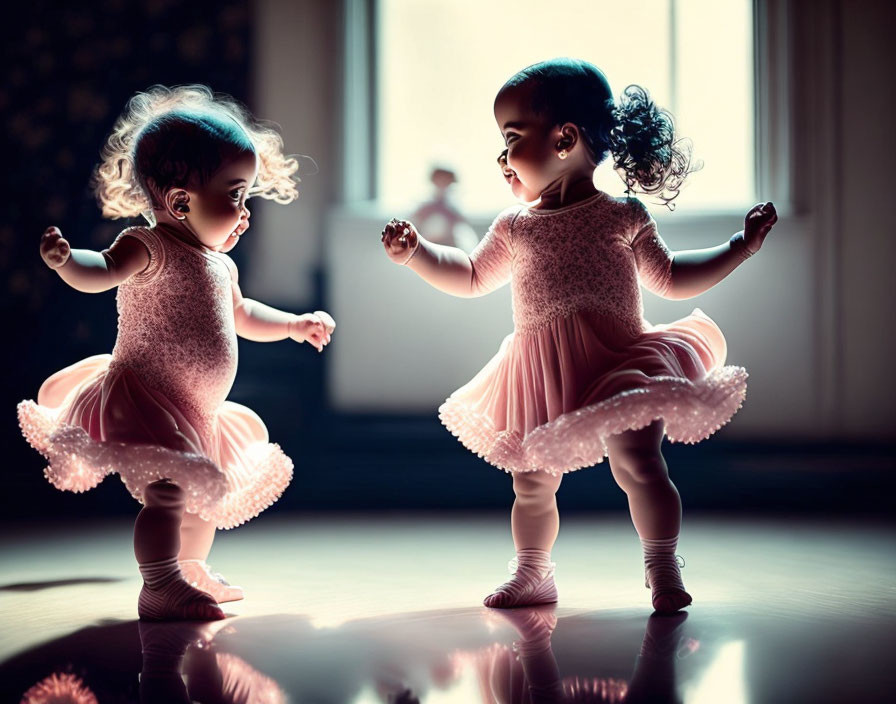 Silhouetted toddlers in pink dresses holding hands against light