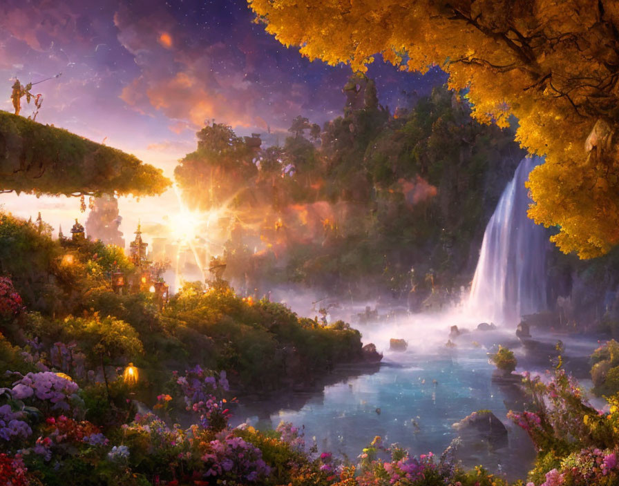 Majestic sunset landscape with waterfall, river, mist, flowers, lanterns, and starlit