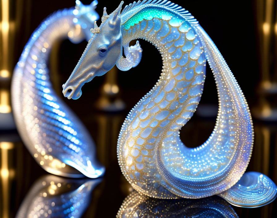 Intricate glass seahorse sculpture on dark background