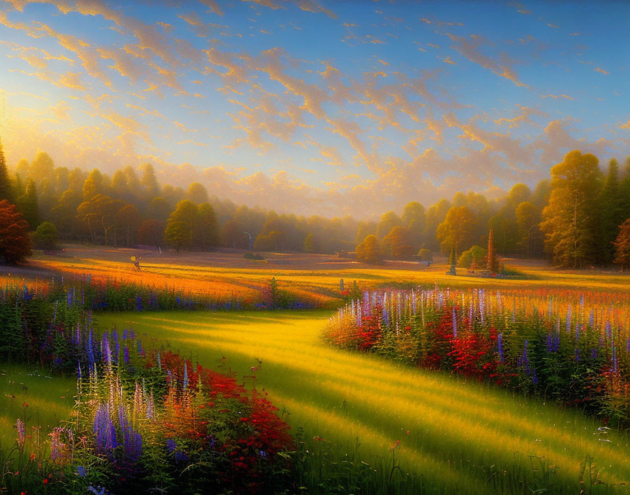 Vibrant meadow with colorful flowers at sunset